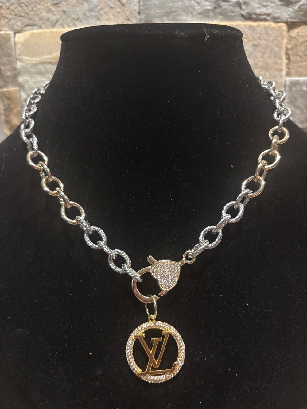 Gold and Silver Tone Pendant Necklace with Pavé Heart and LV Pave Logo Medallion